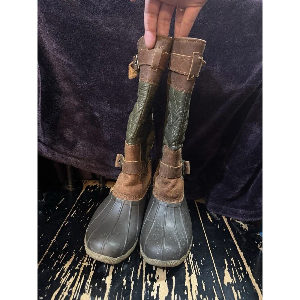Sperry Duck Boots Womens 7.5 Brown Olive Quilted Waterproof Rain Tall Saltwater